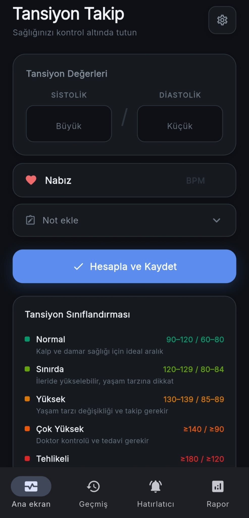 Tansiyon Takip ana ekranı — tansiyon değerleri girişi ve sınıflandırma