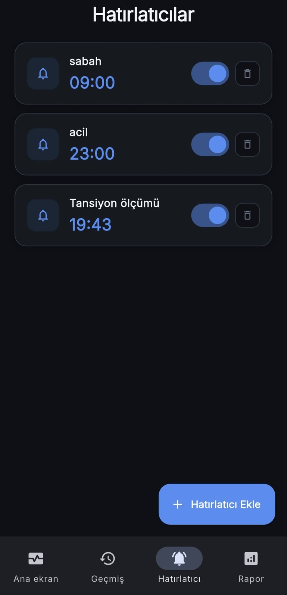 Tansiyon Takip hatırlatıcılar ekranı